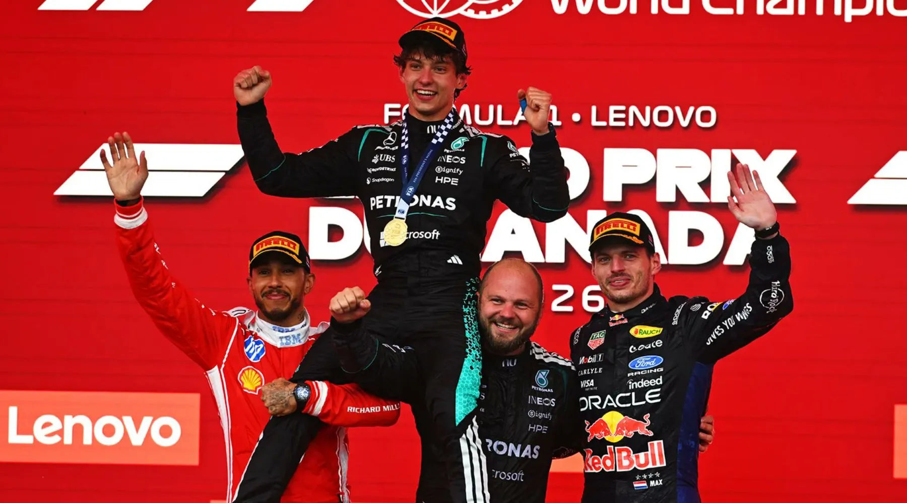2026 F1 加拿大站頒獎台,Kimi Antonelli 奪冠,Hamilton 與 Verstappen 登上頒獎台