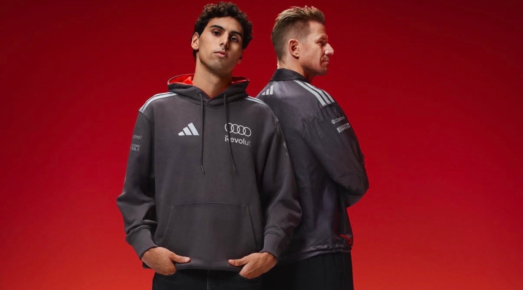 Audi F1 Team × Adidas 2026 短袖 T-shirt,科技灰主色搭配賽車紅細節,呈現未來感設計語言