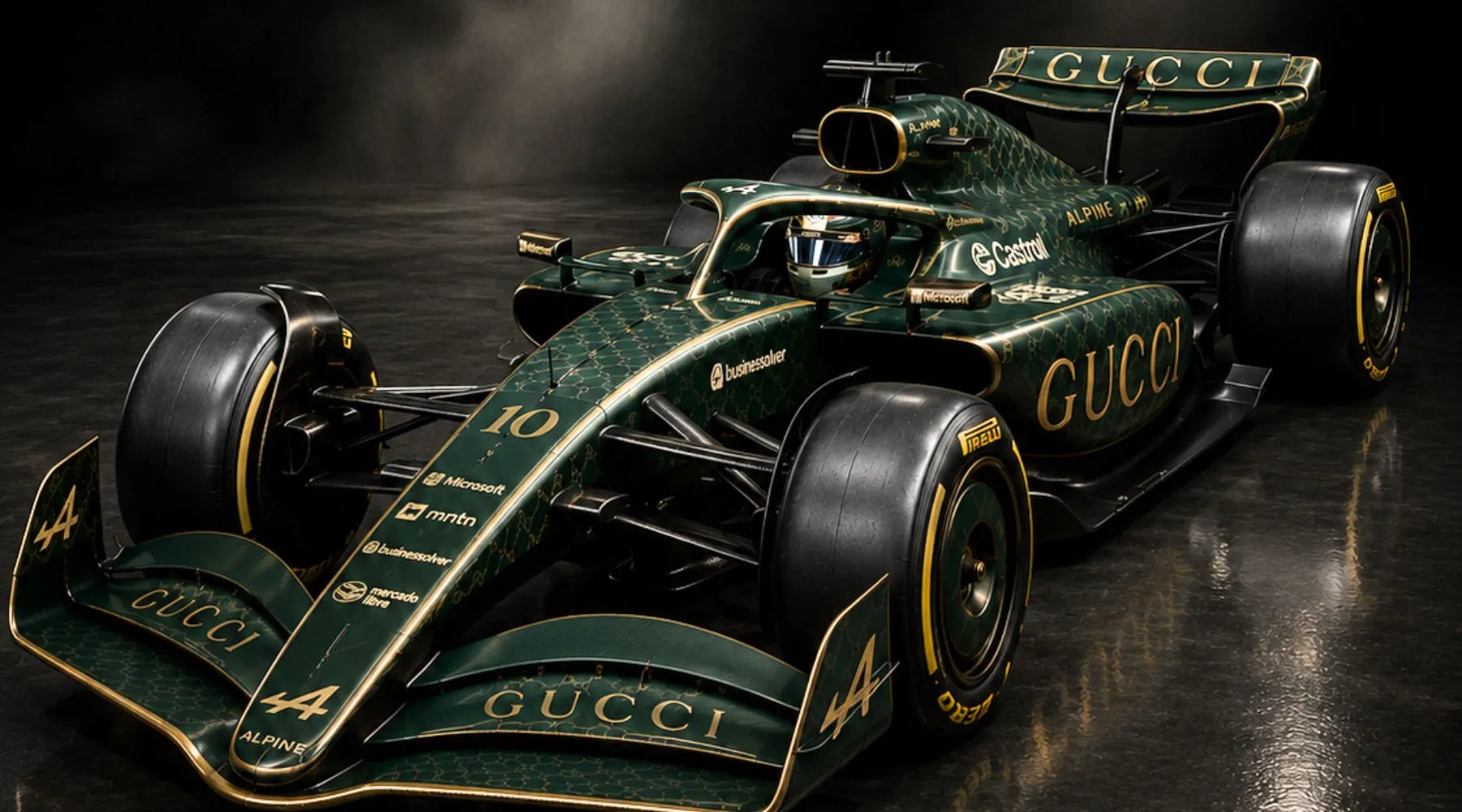 Gucci Alpine Formula One Team 概念 F1 賽車車頭45度角,採用深綠與金色奢華塗裝設計