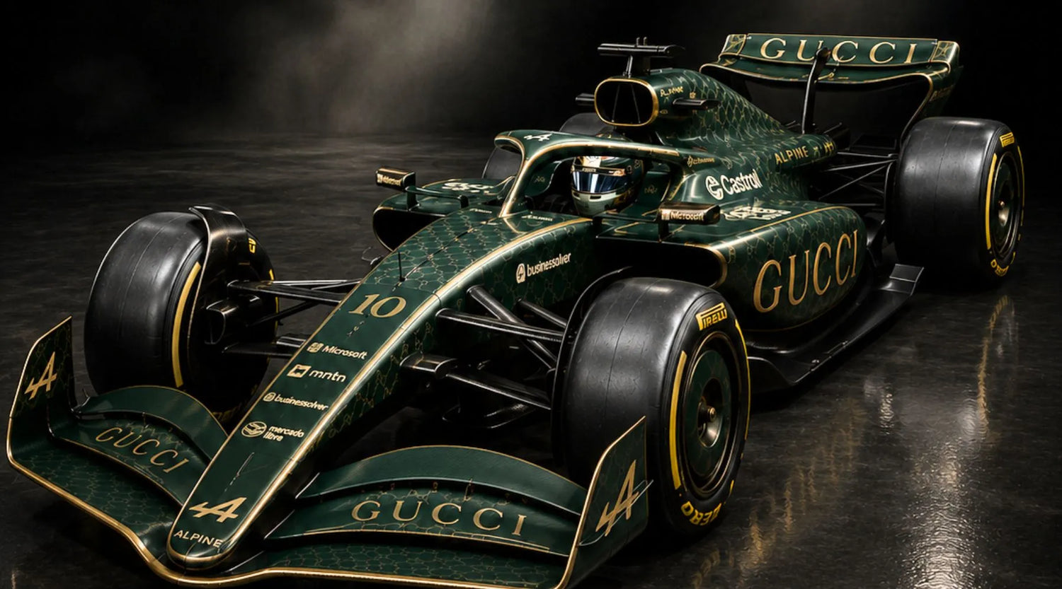Gucci Alpine Formula One Team 概念 F1 賽車車頭45度角，採用深綠與金色奢華塗裝設計
