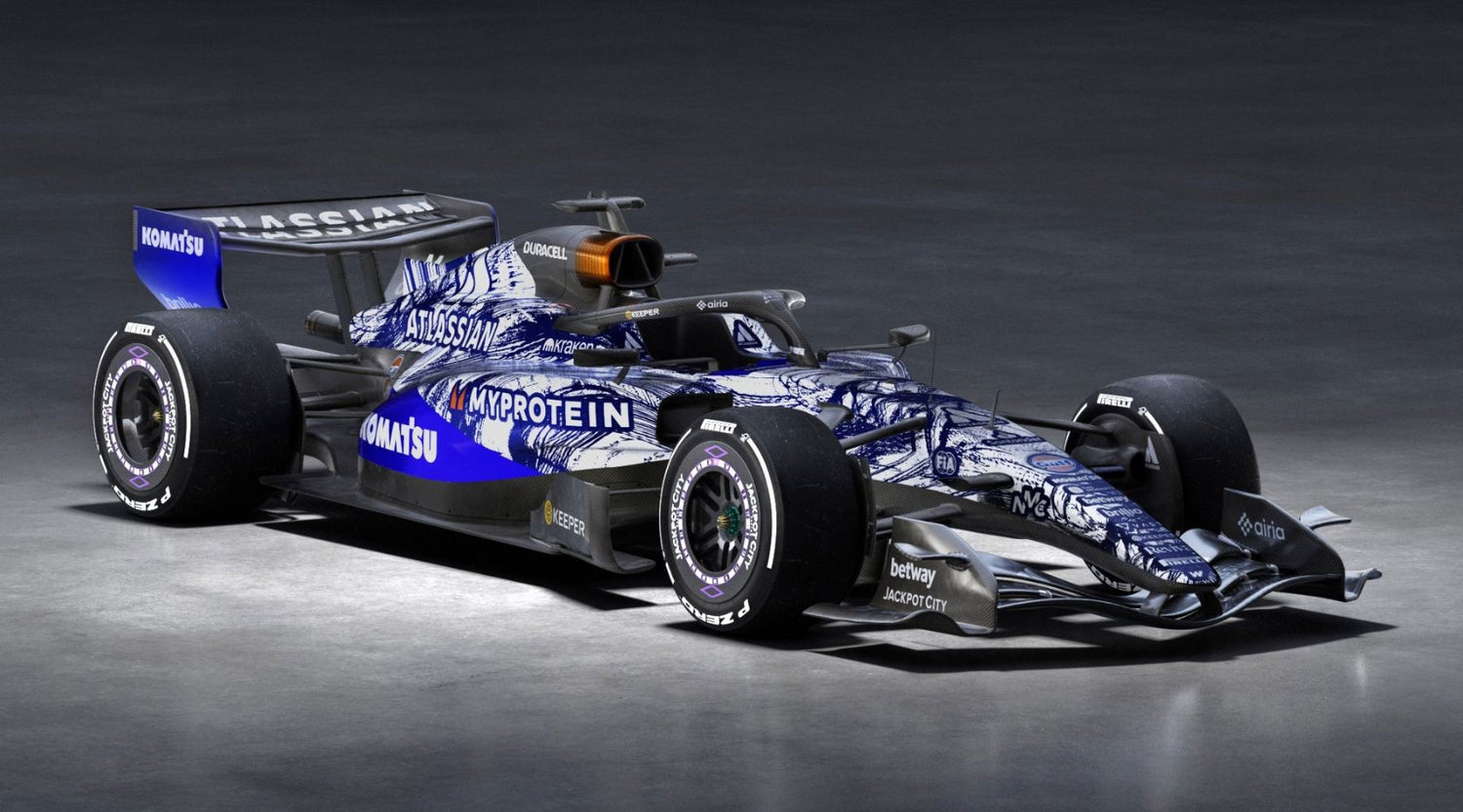 Williams FW48 所發表的測試塗裝，前側角度展示藍白配色與車頭空力設計