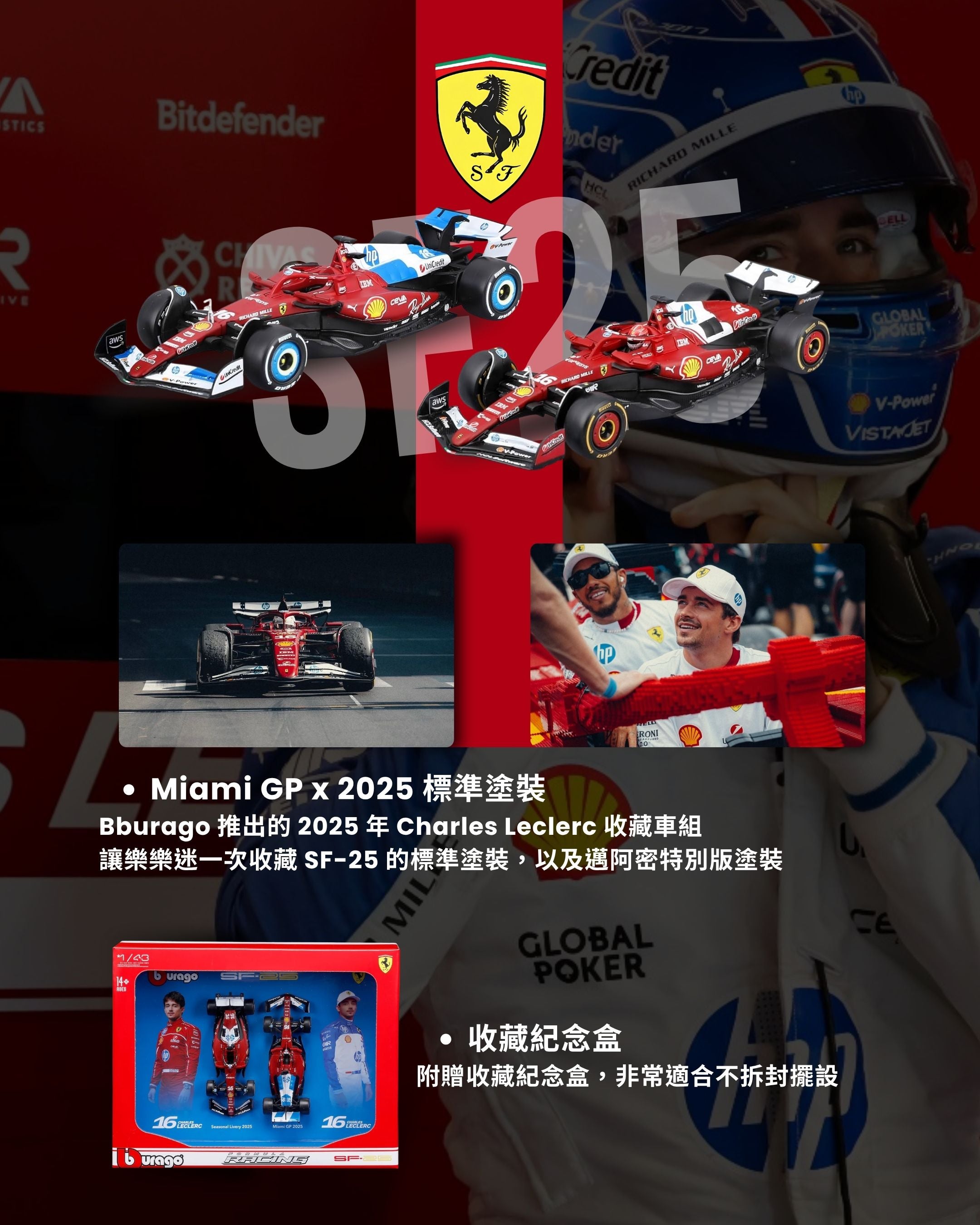 【現貨】Charles Leclerc | 2025 Ferrari SF-25 雙車收藏套組（Miami GP）