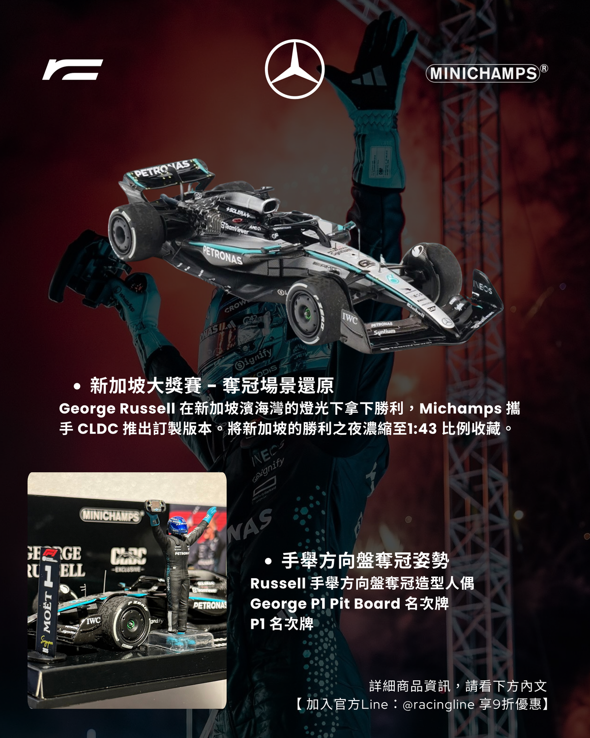 【現貨】George Russell | 2025 Mercedes W15 手舉方向盤奪冠姿勢（Singapore GP）