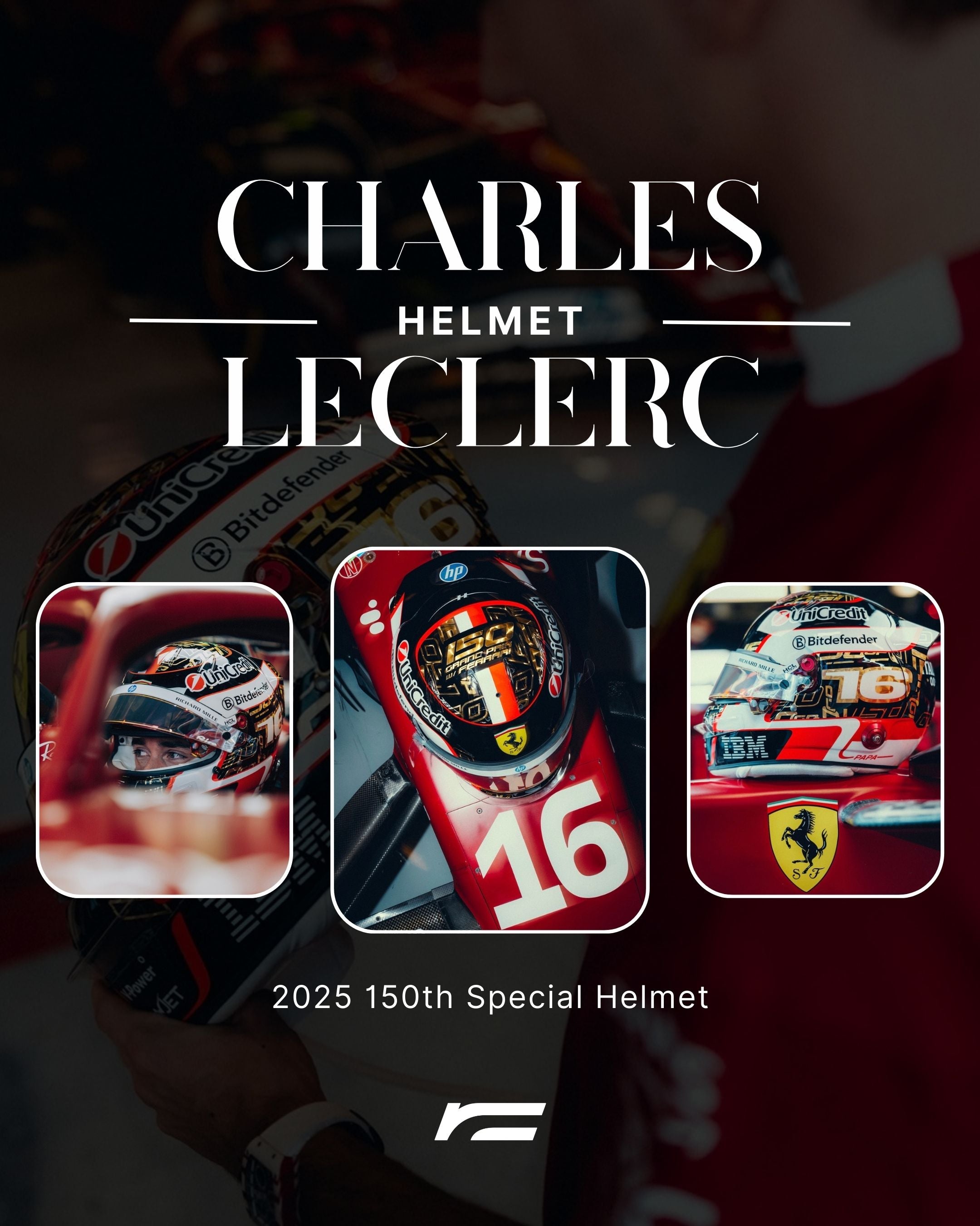 Looksmart 製作的 Charles Leclerc 在 Adu Dhabi 大獎賽，為 Ferrari 出戰第150場大獎賽的紀念頭盔。